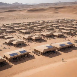 A bustling desertpunk city thriving amidst vast dunes. Buildings sculpted from sand and adorned with solar panels, vehicles designed for desert navigation, bustling bazaars under tent canopies, and nomadic citizens dressed in attire adapted for the sun and sand thrive under the relentless desert sun.