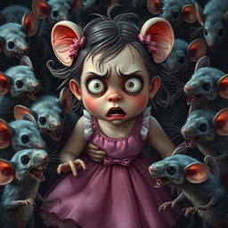 A terrified girl in a cute bubble gum dress, surrounded by bloodthirsty and scary zombie mice