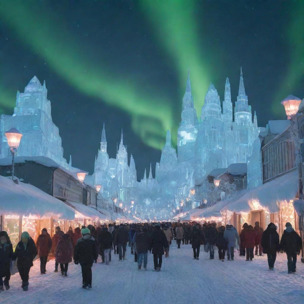 An active icepunk city bustling under the aurora-filled sky. Crystal-clear ice structures, snow-covered streets lit by bio-luminescent ice lanterns, hovering vehicles on ski-like mechanisms, and citizens in heat-conserving attire moving briskly amongst a surreal landscape of eternal winter.