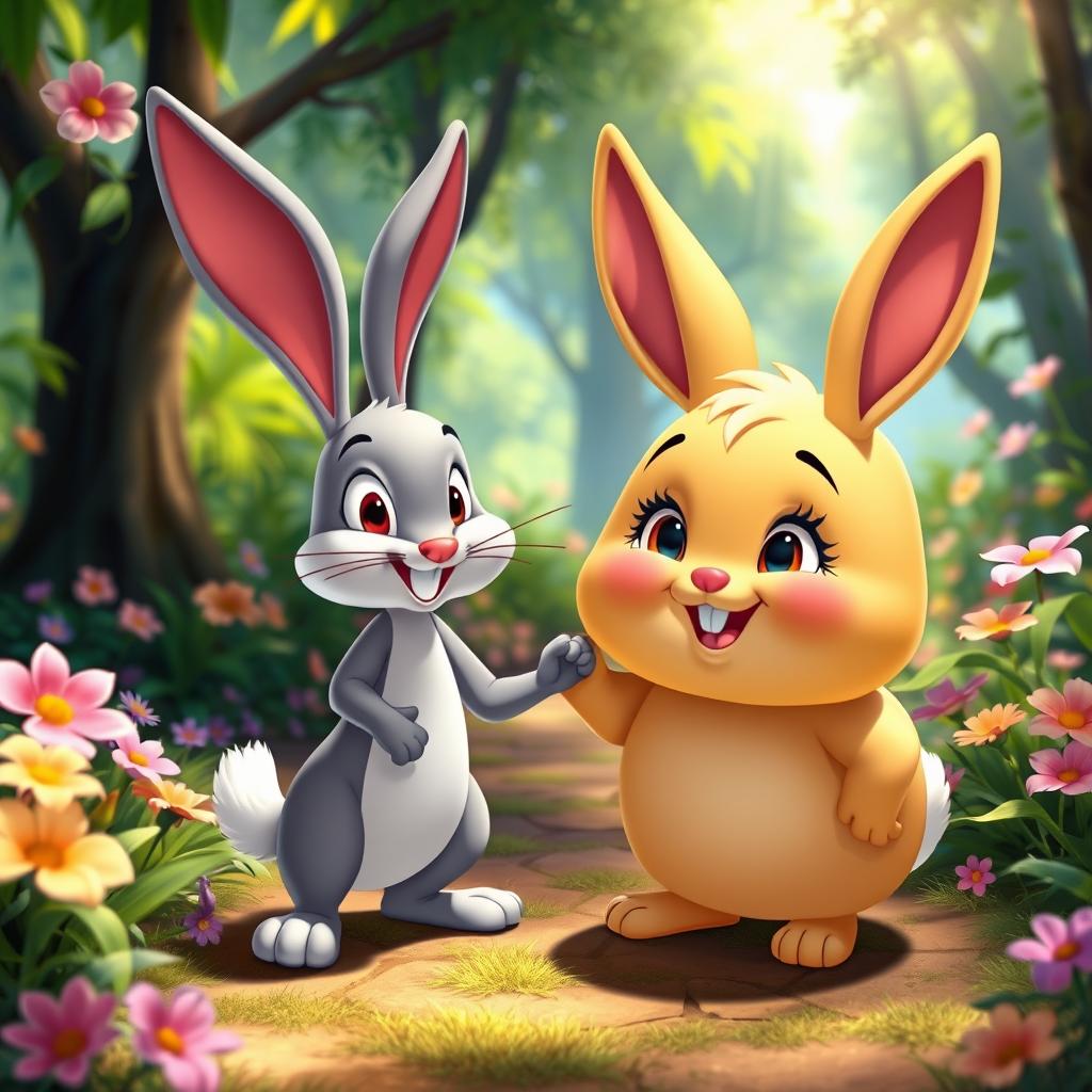 A Disney-style animated scene featuring Kolobok, the cheerful, round, golden-brown bun character, happily interacting with a delightful animated rabbit