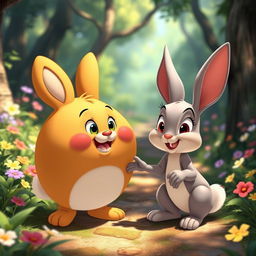 A Disney-style animated scene featuring Kolobok, the cheerful, round, golden-brown bun character, happily interacting with a delightful animated rabbit