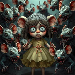 A terrified girl in a cute bubble gum dress, surrounded by bloodthirsty and scary zombie mice