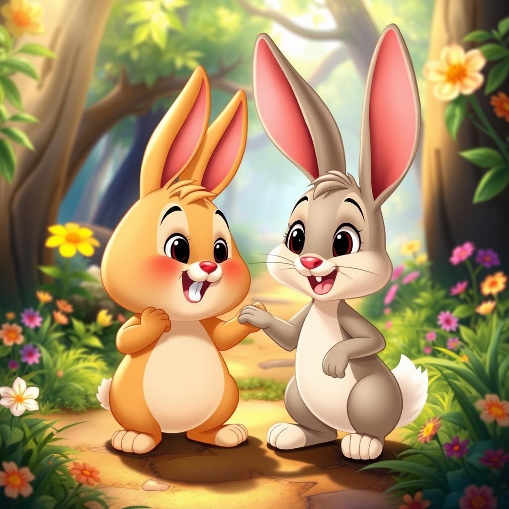 A Disney-style animated scene featuring Kolobok, the cheerful, round, golden-brown bun character, happily interacting with a delightful animated rabbit