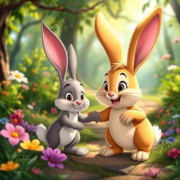 A Disney-style animated scene featuring Kolobok, the cheerful, round, golden-brown bun character, happily interacting with a delightful animated rabbit