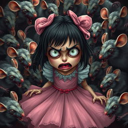 A terrified girl in a cute bubble gum dress, surrounded by bloodthirsty and scary zombie mice