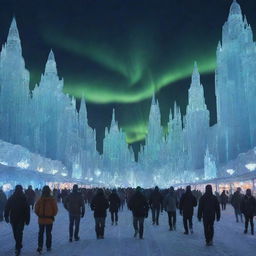 An active icepunk city bustling under the aurora-filled sky. Crystal-clear ice structures, snow-covered streets lit by bio-luminescent ice lanterns, hovering vehicles on ski-like mechanisms, and citizens in heat-conserving attire moving briskly amongst a surreal landscape of eternal winter.