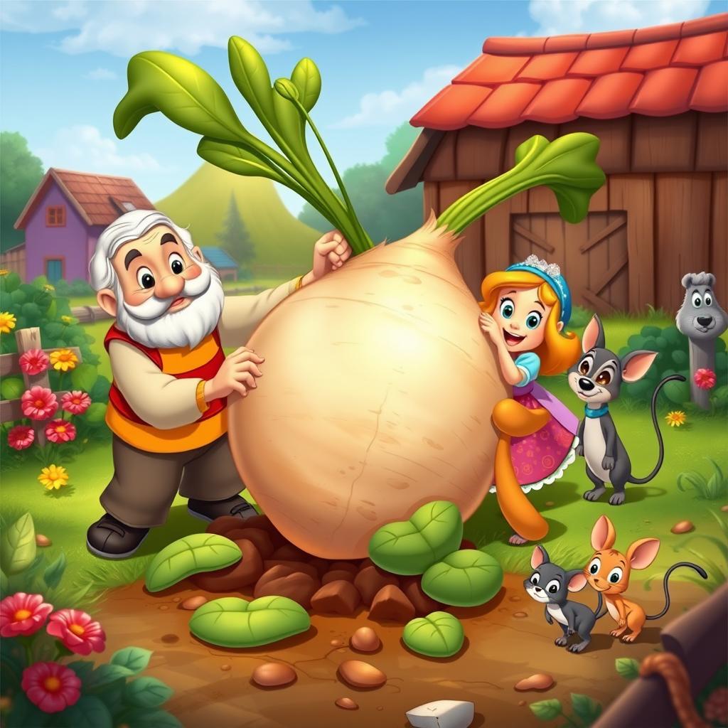 A Disney-style animation scene featuring the classic Russian folktale of 'The Giant Turnip'