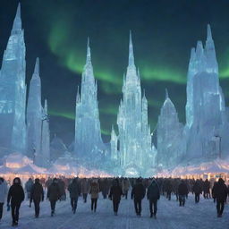 An active icepunk city bustling under the aurora-filled sky. Crystal-clear ice structures, snow-covered streets lit by bio-luminescent ice lanterns, hovering vehicles on ski-like mechanisms, and citizens in heat-conserving attire moving briskly amongst a surreal landscape of eternal winter.