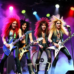 A stereotypical 80's hair metal band, featuring four band members with long, wild hair and flamboyant outfits