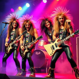 A stereotypical 80's hair metal band, featuring four band members with long, wild hair and flamboyant outfits