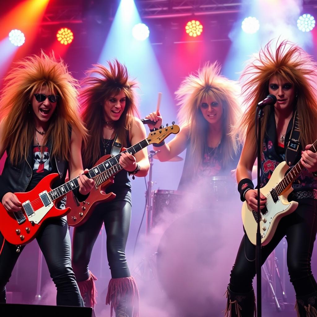 A stereotypical 80's hair metal band, featuring four band members with long, wild hair and flamboyant outfits