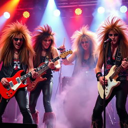 A stereotypical 80's hair metal band, featuring four band members with long, wild hair and flamboyant outfits