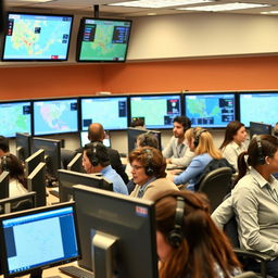 A 911 emergency call center in full operation, showcasing a variety of operators wearing headsets, attentively managing calls