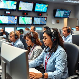 A 911 emergency call center in full operation, showcasing a variety of operators wearing headsets, attentively managing calls