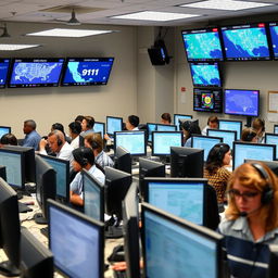 A 911 emergency call center in full operation, showcasing a variety of operators wearing headsets, attentively managing calls