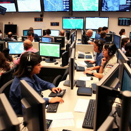 A 911 emergency call center in full operation, showcasing a variety of operators wearing headsets, attentively managing calls