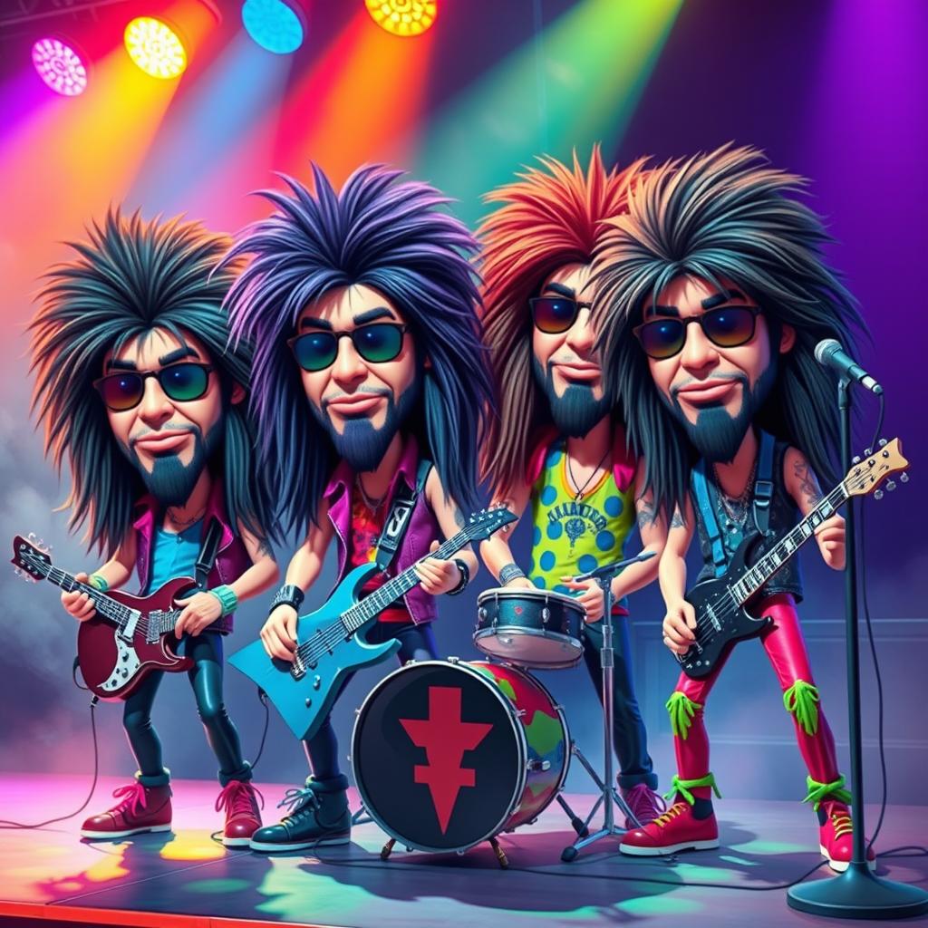 A cartoonish 80's hair metal band characterized by exaggerated big bobbleheads, featuring four band members with long, wild hair and vibrant, flamboyant outfits