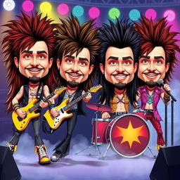 A cartoonish 80's hair metal band characterized by exaggerated big bobbleheads, featuring four band members with long, wild hair and vibrant, flamboyant outfits