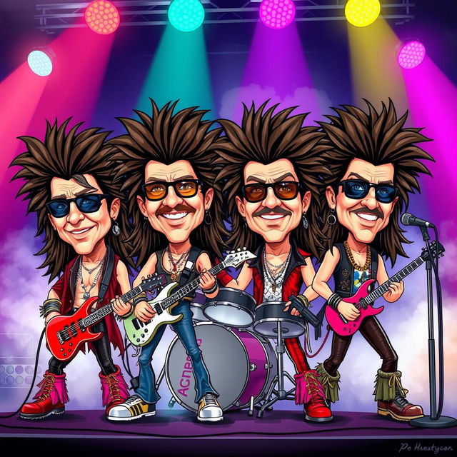 A cartoonish 80's hair metal band characterized by exaggerated big bobbleheads, featuring four band members with long, wild hair and vibrant, flamboyant outfits