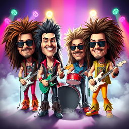 A cartoonish 80's hair metal band characterized by exaggerated big bobbleheads, featuring four band members with long, wild hair and vibrant, flamboyant outfits