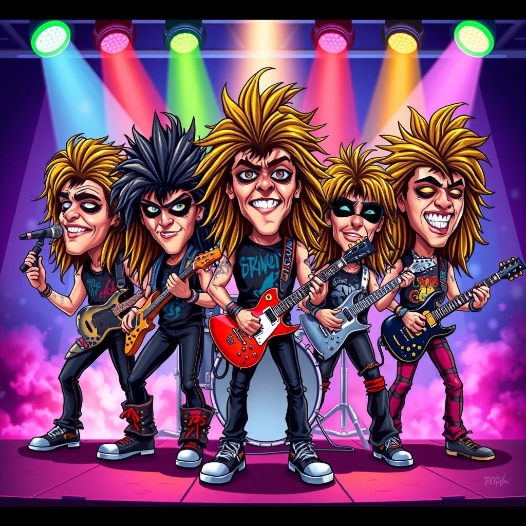 A cartoonish depiction of an 80's hair metal band inspired by Skid Row, characterized by exaggerated big bobbleheads