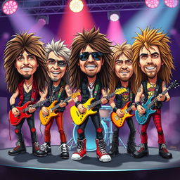 A cartoonish depiction of an 80's hair metal band inspired by Skid Row, characterized by exaggerated big bobbleheads