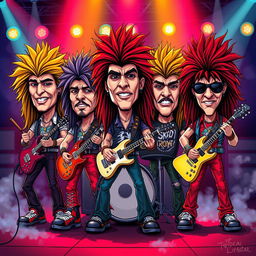 A cartoonish depiction of an 80's hair metal band inspired by Skid Row, characterized by exaggerated big bobbleheads