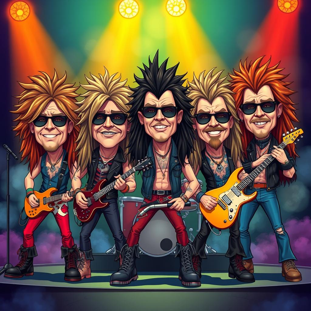 A cartoonish depiction of an 80's hair metal band inspired by Skid Row, characterized by exaggerated big bobbleheads