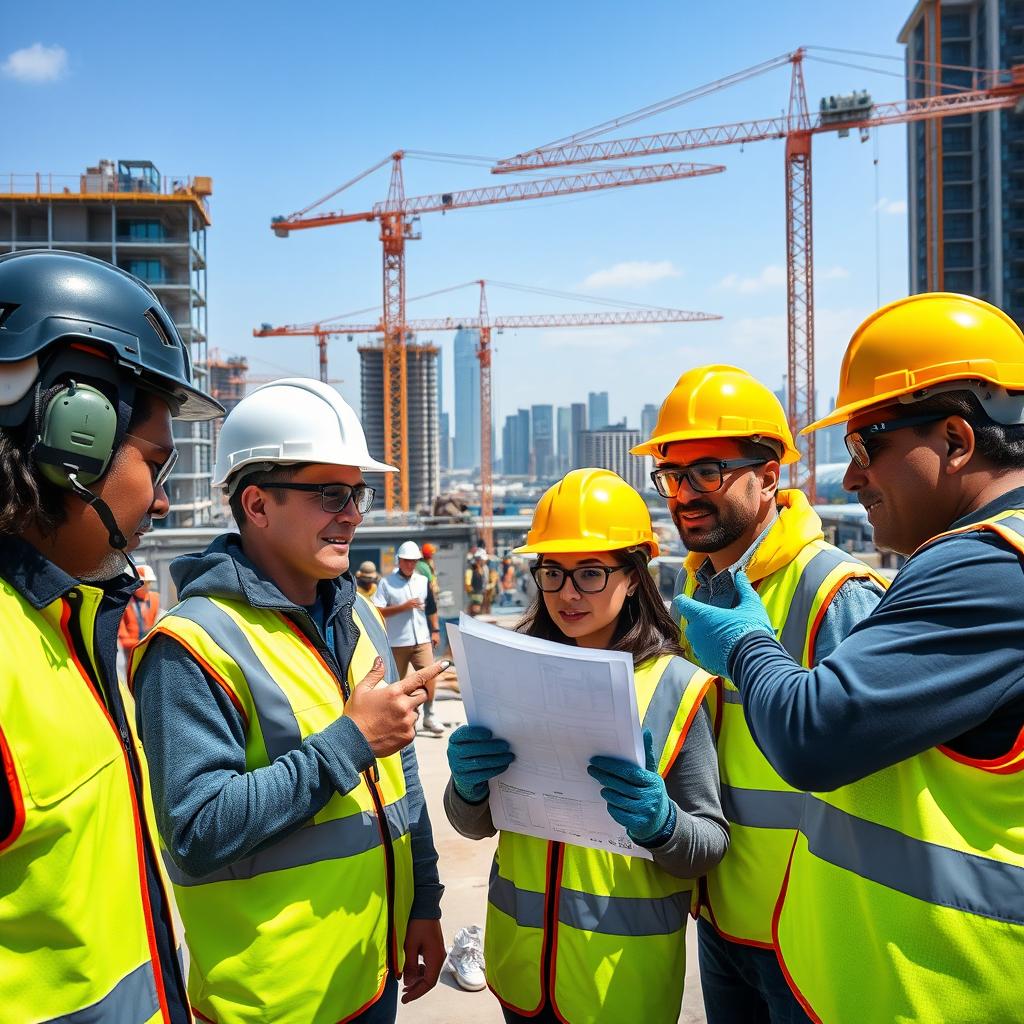 A diverse group of construction workers wearing proper safety gear, including helmets, gloves, goggles, and high-visibility vests