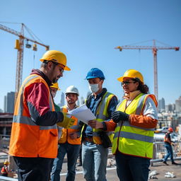 A diverse group of construction workers wearing proper safety gear, including helmets, gloves, goggles, and high-visibility vests