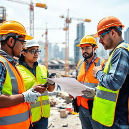 A diverse group of construction workers wearing proper safety gear, including helmets, gloves, goggles, and high-visibility vests