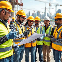 A diverse group of construction workers wearing proper safety gear, including helmets, gloves, goggles, and high-visibility vests