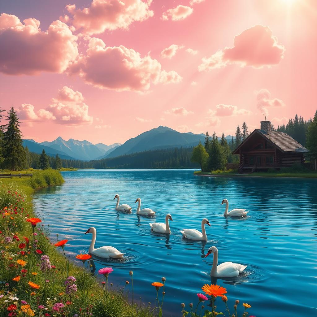 serene landscape with a picturesque lake and distant mountains, surrounded by lush greenery and colorful wildflowers