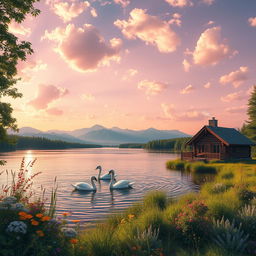 serene landscape with a picturesque lake and distant mountains, surrounded by lush greenery and colorful wildflowers