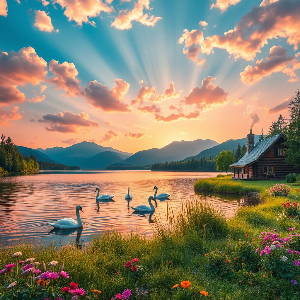 serene landscape with a picturesque lake and distant mountains, surrounded by lush greenery and colorful wildflowers