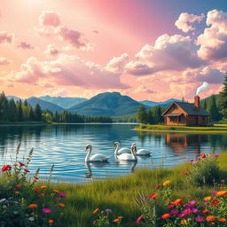 serene landscape with a picturesque lake and distant mountains, surrounded by lush greenery and colorful wildflowers