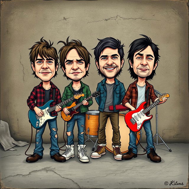 A cartoonish album cover featuring a 90's grunge band with exaggerated big bobbleheads