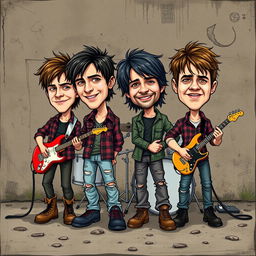 A cartoonish album cover featuring a 90's grunge band with exaggerated big bobbleheads