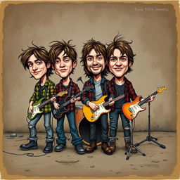 A cartoonish album cover featuring a 90's grunge band with exaggerated big bobbleheads