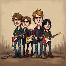 A cartoonish album cover featuring a 90's grunge band with exaggerated big bobbleheads