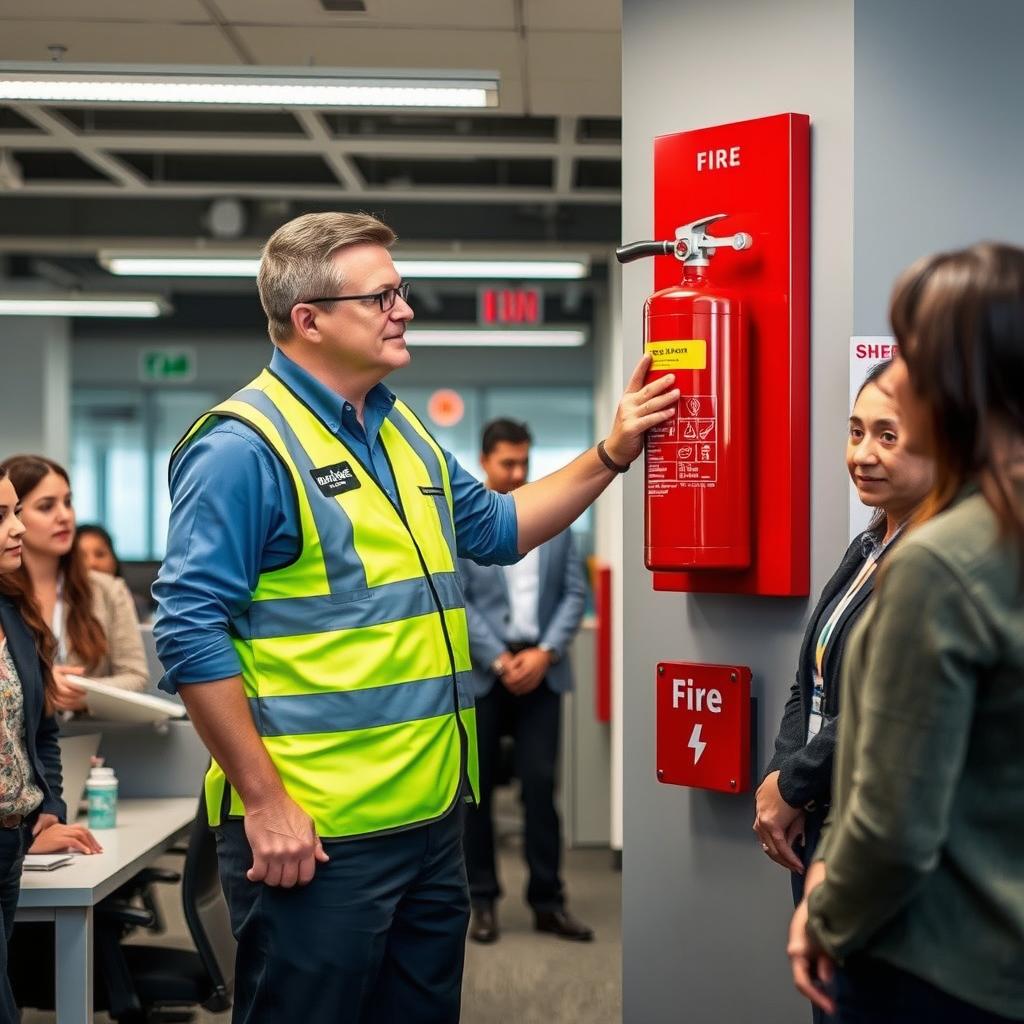 A safety officer demonstrating the correct use of a fire extinguisher in a workplace environment