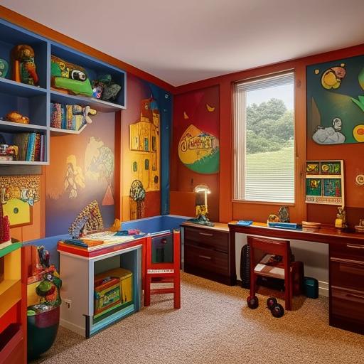 A luxuriously decorated boys bedroom with a vibrant color scheme, intricately designed furniture, a multitude of educational toys, a comfortable study area, and thematic wall arts.