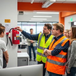 A safety officer demonstrating the correct use of a fire extinguisher in a workplace environment