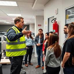 A safety officer demonstrating the correct use of a fire extinguisher in a workplace environment