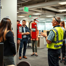 A safety officer demonstrating the correct use of a fire extinguisher in a workplace environment