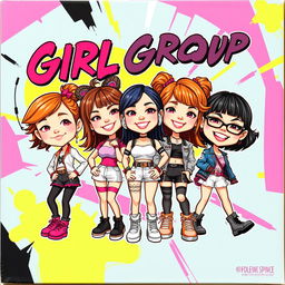 A cartoonish album cover featuring a stereotypical girl group with exaggerated big bobbleheads