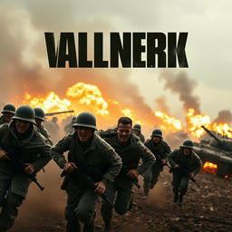 A dramatic movie poster capturing soldiers fleeing a chaotic battlefield, with burning tanks in the background