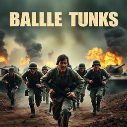 A dramatic movie poster capturing soldiers fleeing a chaotic battlefield, with burning tanks in the background