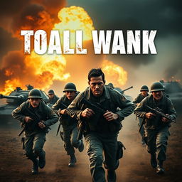 A dramatic movie poster capturing soldiers fleeing a chaotic battlefield, with burning tanks in the background