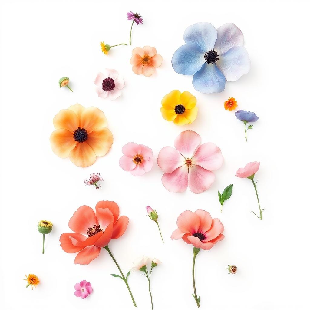 watercolor flowers on a white background, delicate and subtle, minimalist design, featuring flowers of many colors and various styles